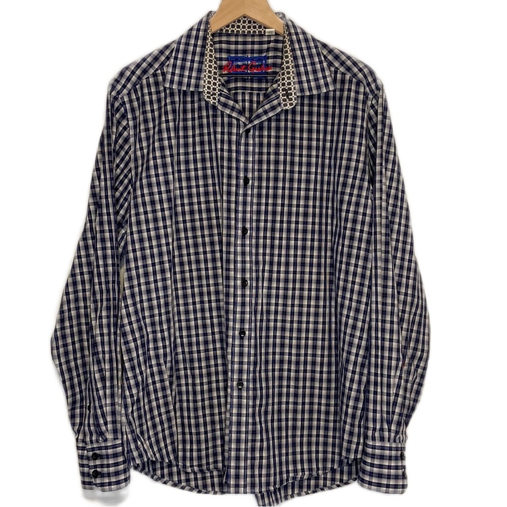 Robert Graham Long Sleeve Button Down Shirt Statement Cuffs XL Blue Plaid Floral